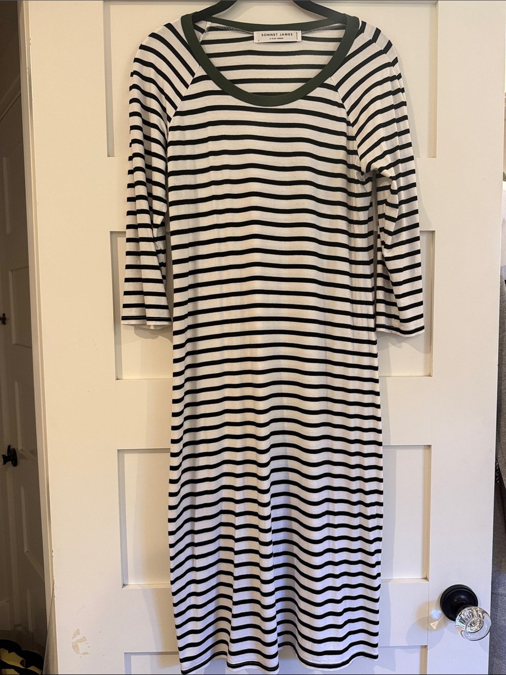 Sonnet James Black & White Striped Midi Dress with Olive Trim